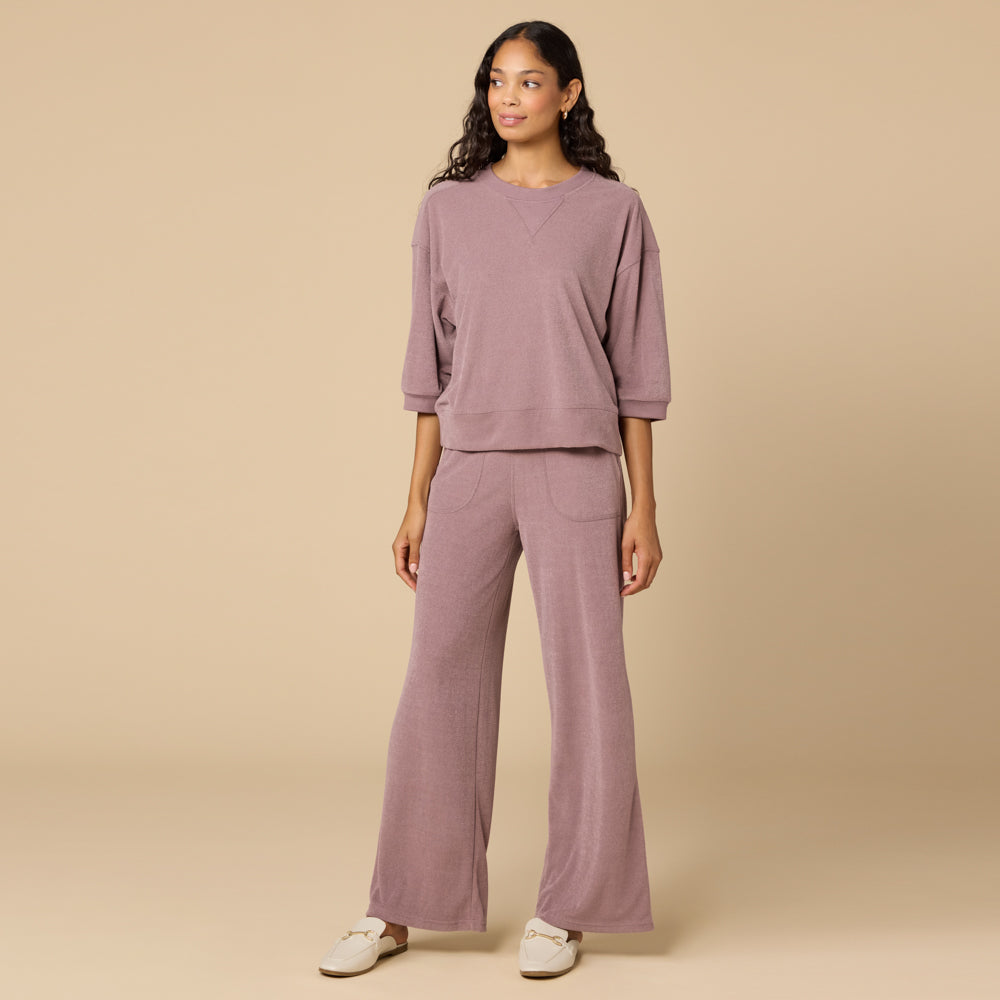 Terry Cropped Sleeve Crew Neck with Wide Leg Pant Terry Cropped Sleeve Crew Neck with Wide Leg Pant in Driftwood