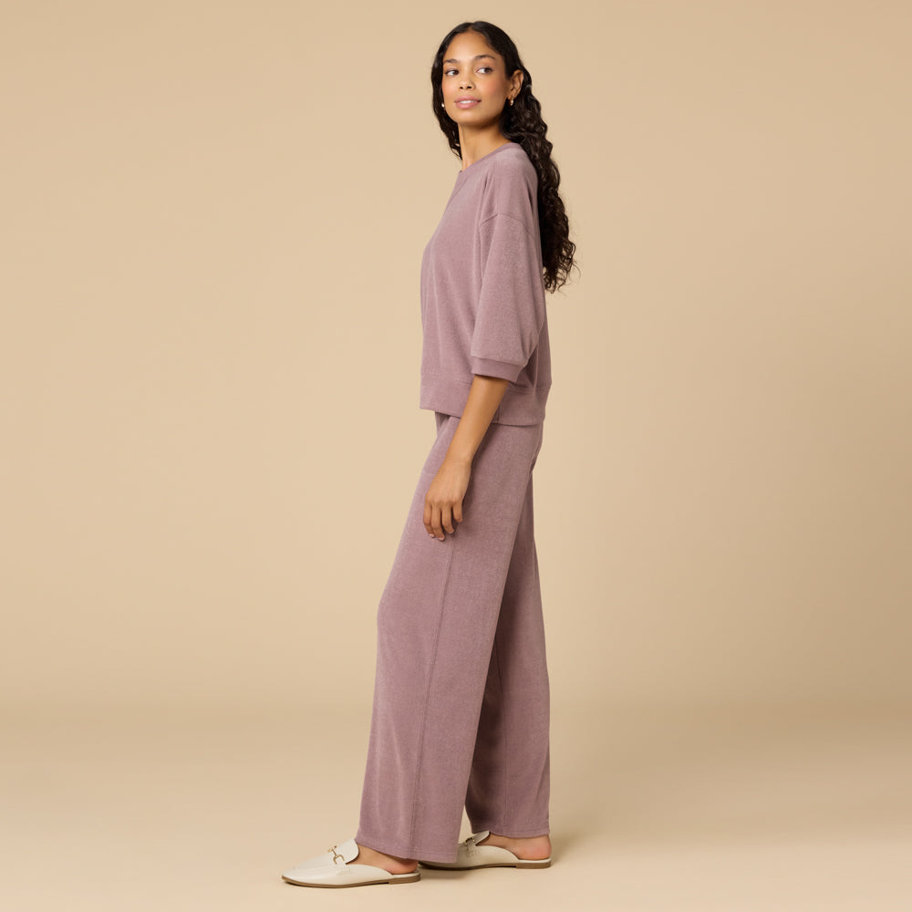 Terry Cropped Sleeve Crew Neck with Wide Leg Pant in Driftwood