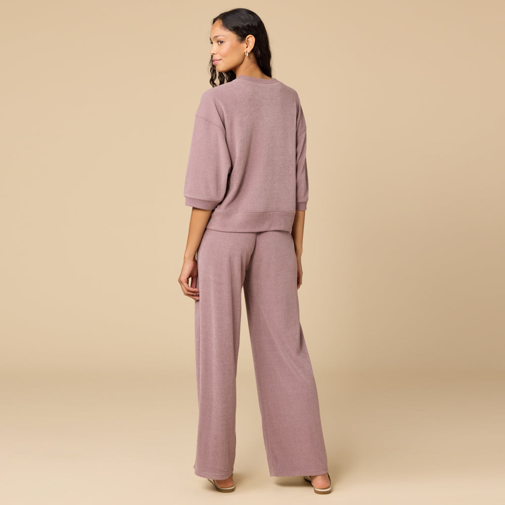 Terry Cropped Sleeve Crew Neck with Wide Leg Pant Terry Cropped Sleeve Crew Neck with Wide Leg Pant in Driftwood