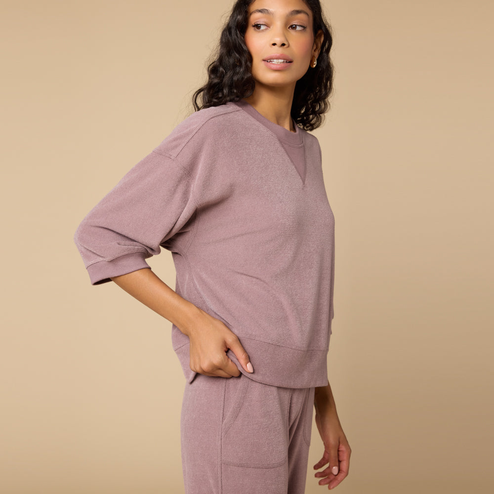 Terry Cropped Sleeve Crew Neck with Wide Leg Pant in Driftwood