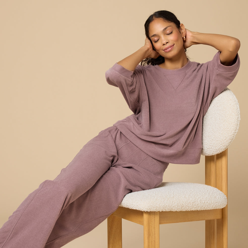 Terry Cropped Sleeve Crew Neck with Wide Leg Pant in Driftwood
