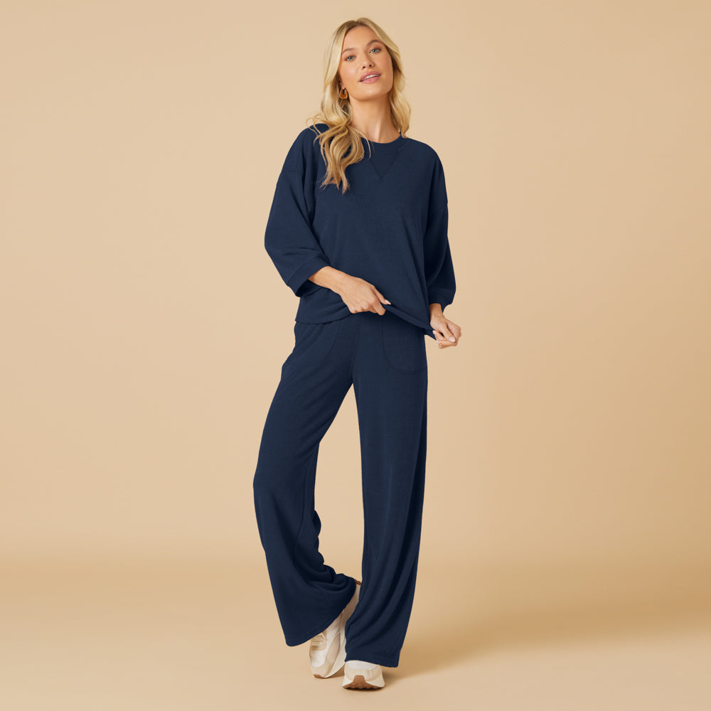 Terry Cropped Sleeve Crew Neck with Wide Leg Pant in Midnight