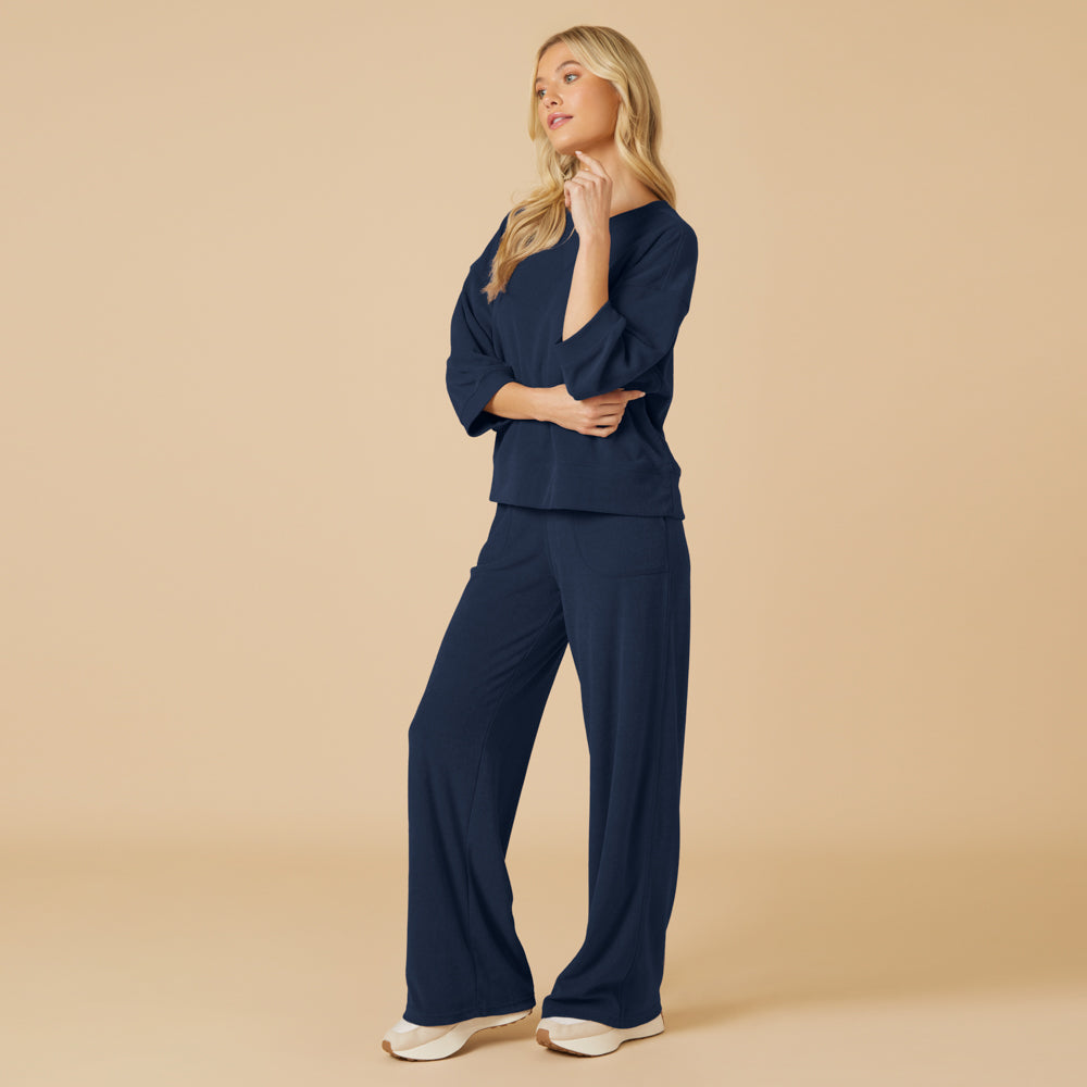 Terry Cropped Sleeve Crew Neck with Wide Leg Pant Terry Cropped Sleeve Crew Neck with Wide Leg Pant in Midnight