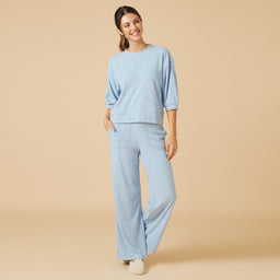Terry Cropped Sleeve Crew Neck with Wide Leg Pant Terry Cropped Sleeve Crew Neck with Wide Leg Pant in Heather Sky Blue