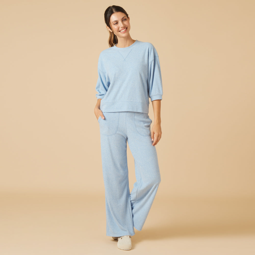 Terry Cropped Sleeve Crew Neck with Wide Leg Pant in Heather Sky Blue