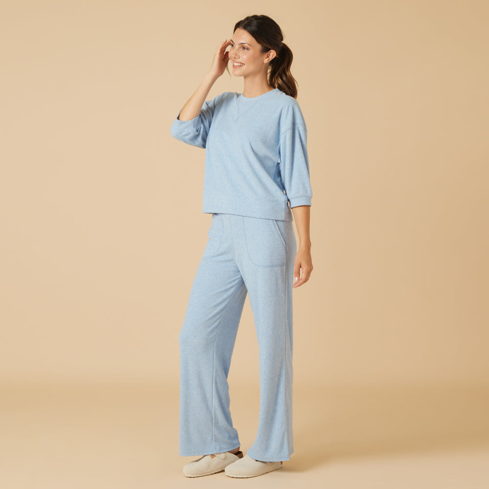 Terry Cropped Sleeve Crew Neck with Wide Leg Pant Terry Cropped Sleeve Crew Neck with Wide Leg Pant in Heather Sky Blue