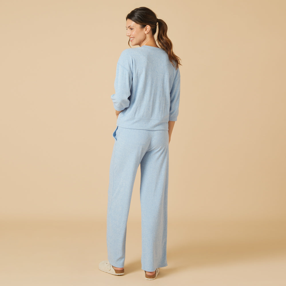 Terry Cropped Sleeve Crew Neck with Wide Leg Pant in Heather Sky Blue