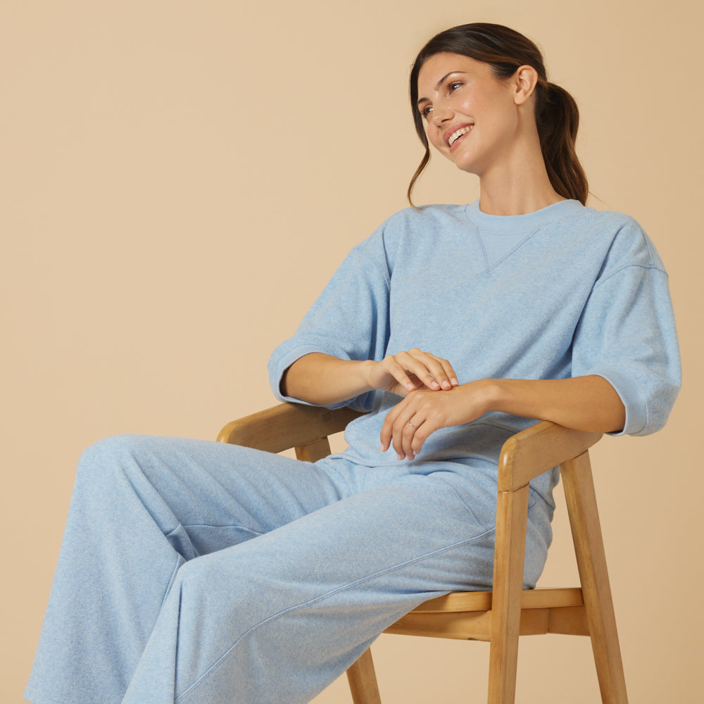 Terry Cropped Sleeve Crew Neck with Wide Leg Pant in Heather Sky Blue