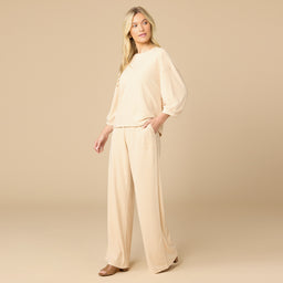 Terry Cropped Sleeve Crew Neck with Wide Leg Pant Terry Cropped Sleeve Crew Neck with Wide Leg Pant in Warm Sand