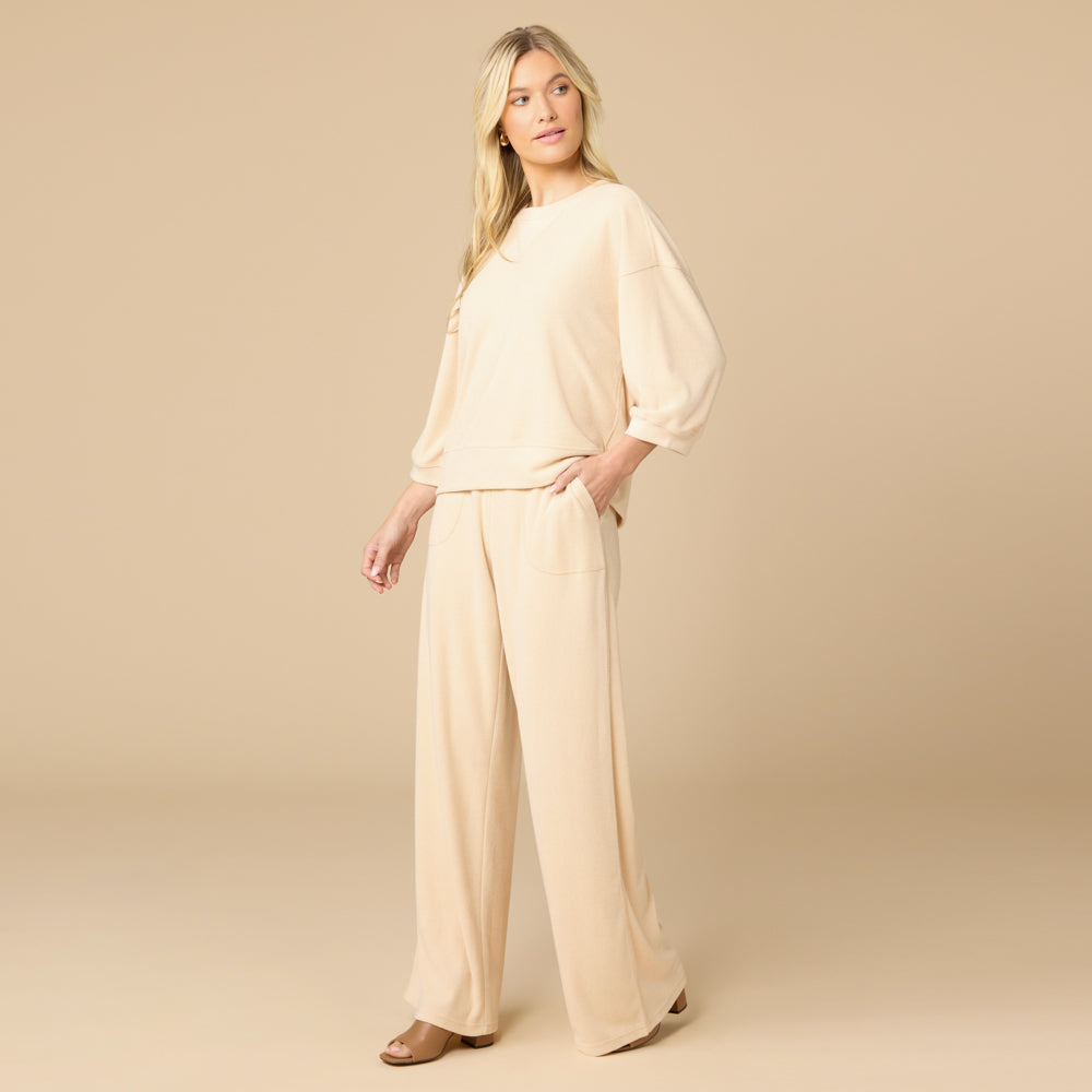 Terry Cropped Sleeve Crew Neck with Wide Leg Pant Terry Cropped Sleeve Crew Neck with Wide Leg Pant in Warm Sand