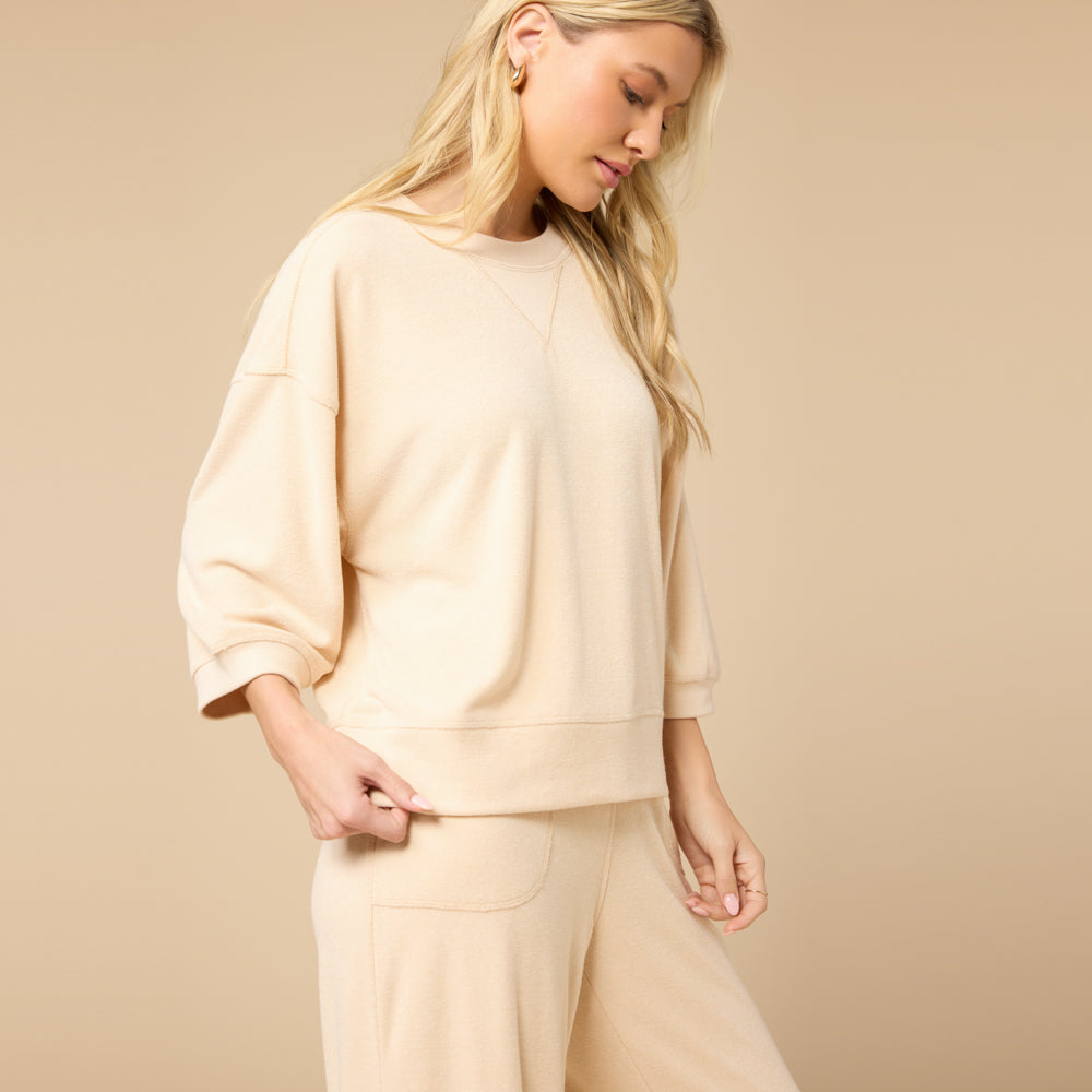 Terry Cropped Sleeve Crew Neck with Wide Leg Pant Terry Cropped Sleeve Crew Neck with Wide Leg Pant in Warm Sand