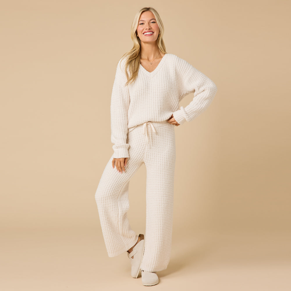 Waffle Marshmallow V-Neck with Long Pant Almond
