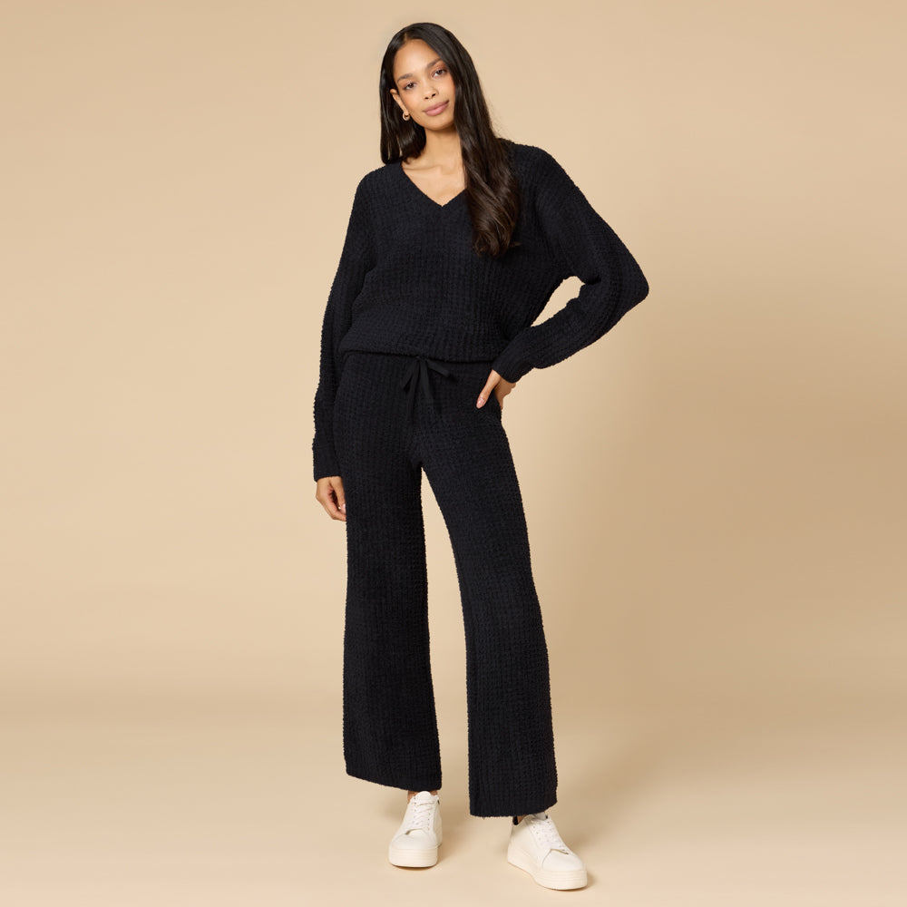 Waffle Marshmallow V-Neck with Long Pant Black