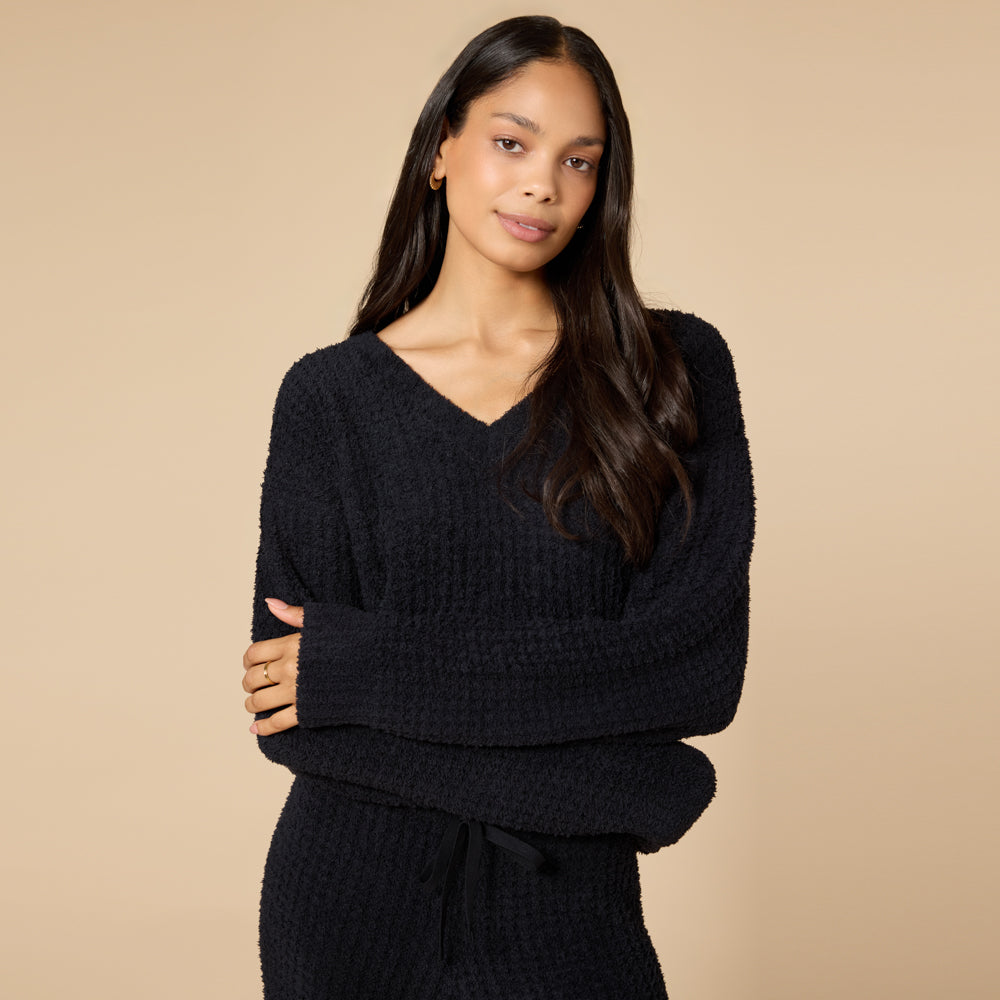 Waffle Marshmallow V-Neck with Long Pant Black
