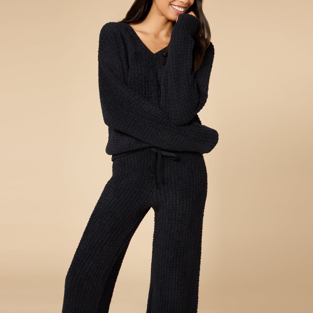 Waffle Marshmallow V-Neck with Long Pant Black