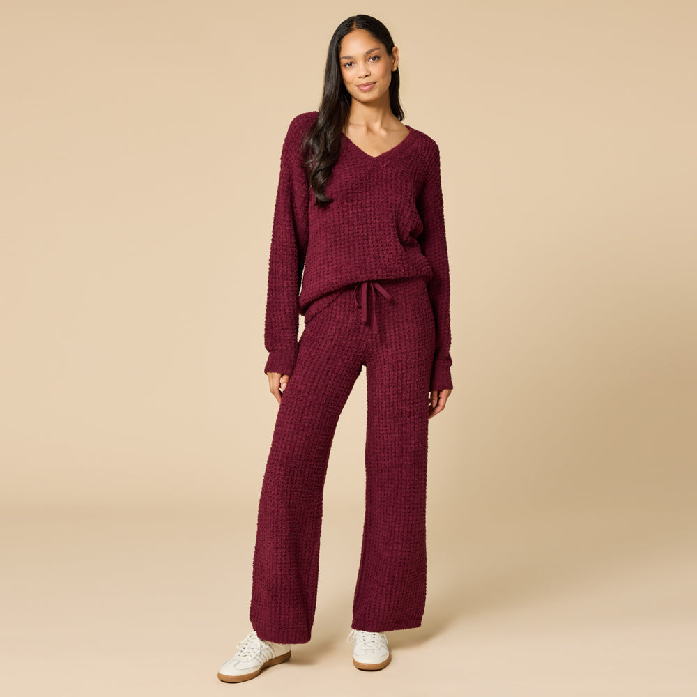 Waffle Marshmallow V-Neck with Long Pant Cherry Cola