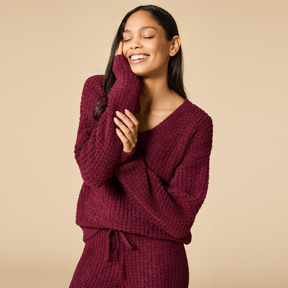 Waffle Marshmallow V-Neck with Long Pant Cherry Cola