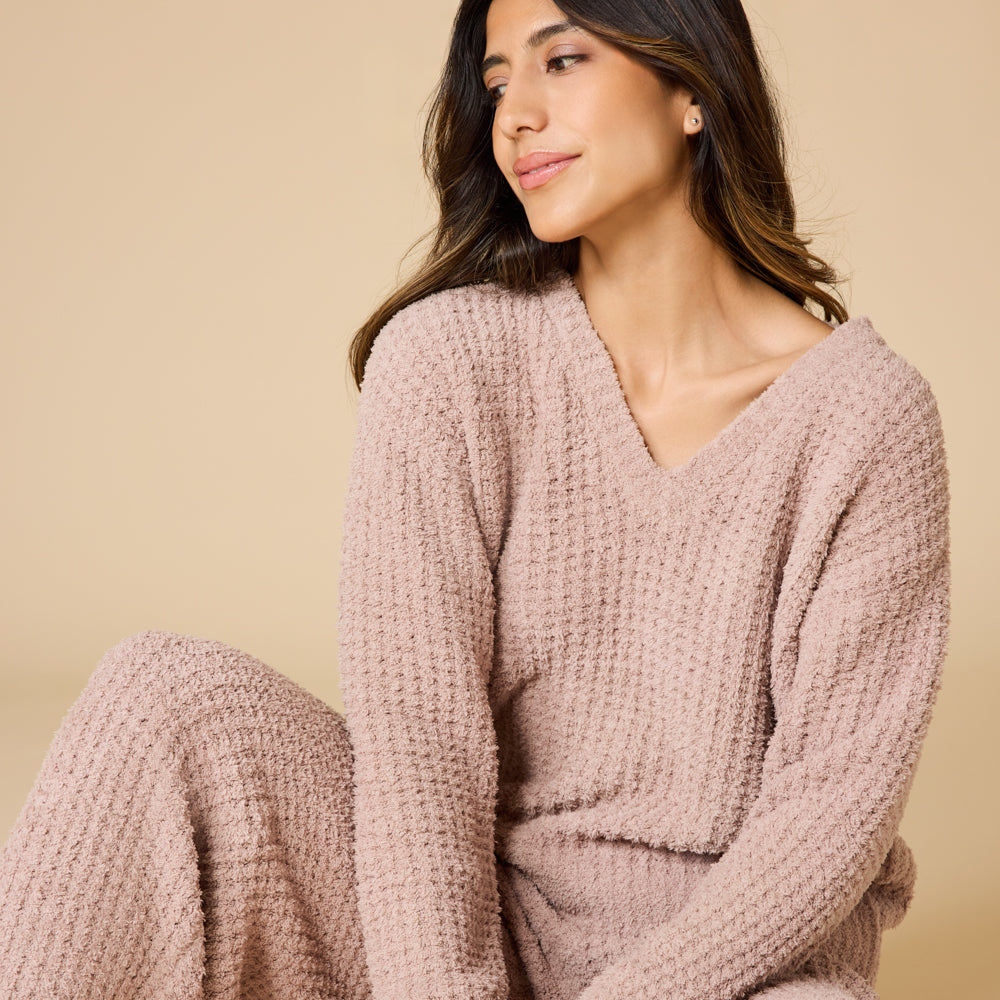 Waffle Knit Marshmallow V-Neck Lounge Set Waffle Marshmallow V-Neck Luxe Lounge Set in Coco