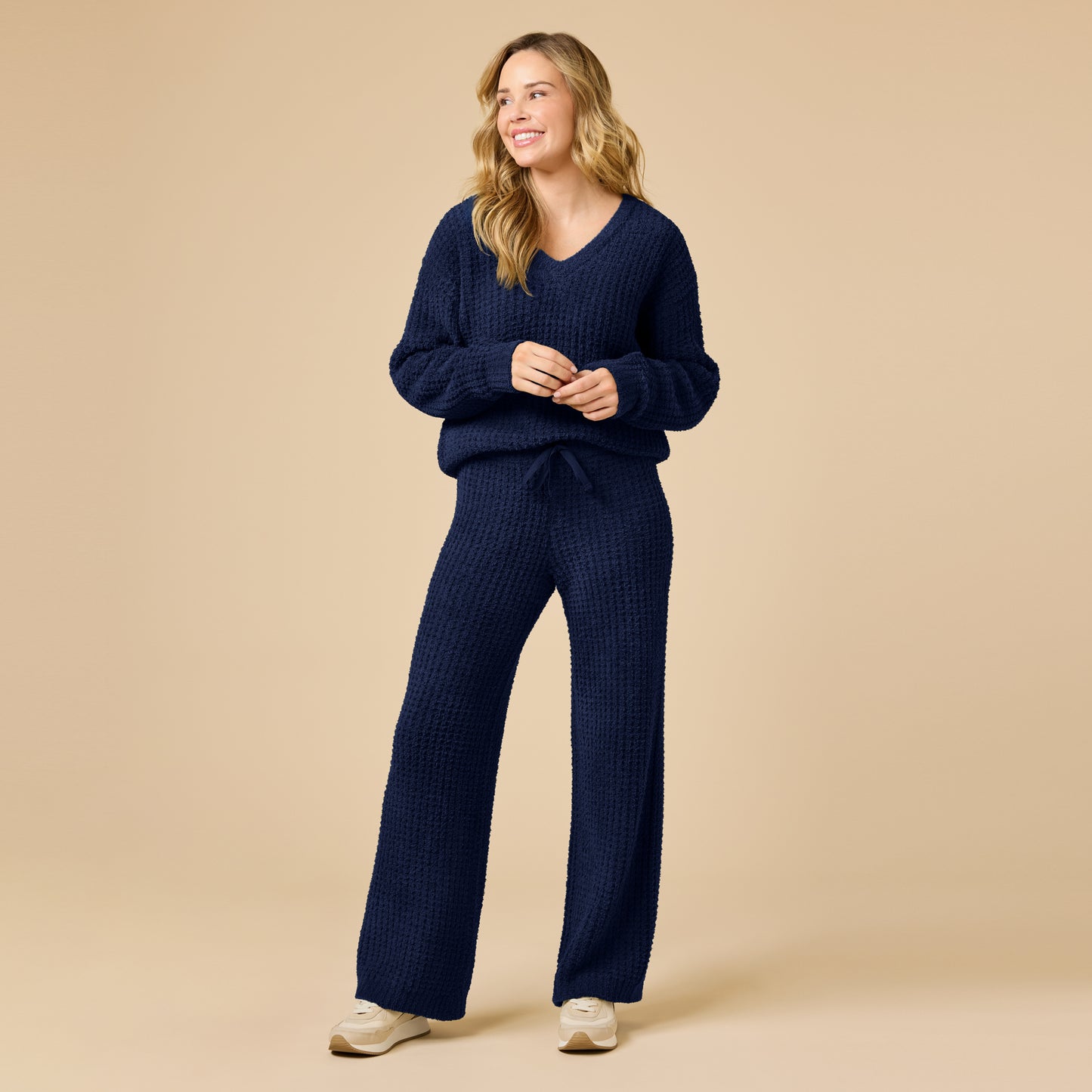 Waffle Marshmallow V-Neck Luxe Lounge Set in Midnight