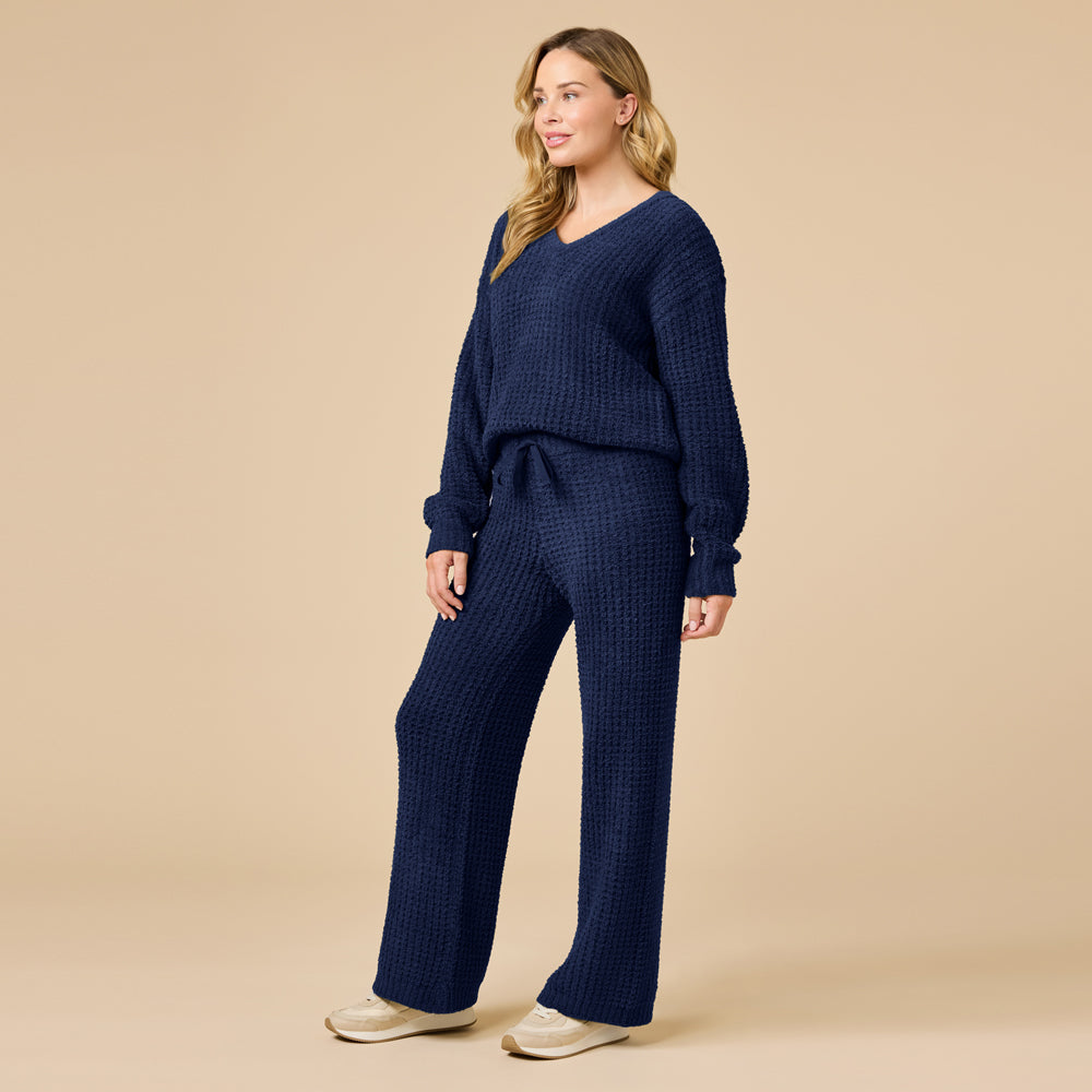 Waffle Marshmallow V-Neck Luxe Lounge Set in Midnight