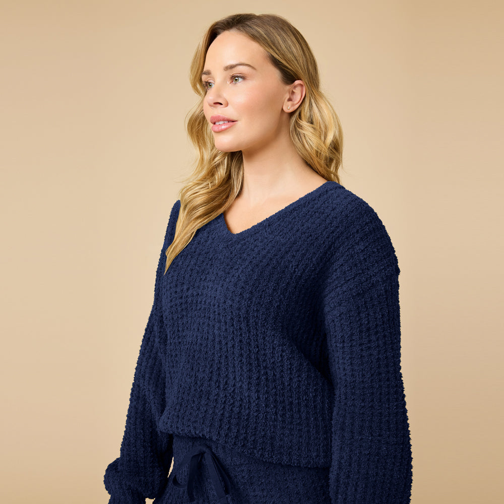 Waffle Marshmallow V-Neck Luxe Lounge Set in Midnight