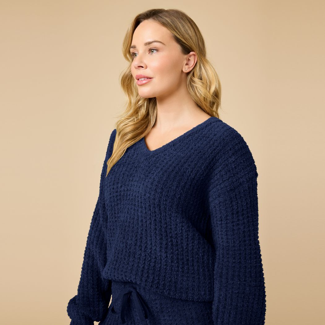 Waffle Marshmallow V-Neck Luxe Lounge Set in Midnight