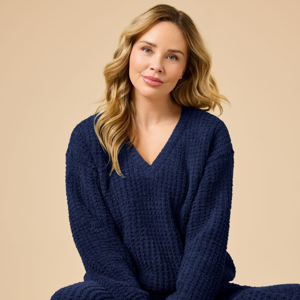 Waffle Knit Marshmallow V-Neck Lounge Set Waffle Marshmallow V-Neck Luxe Lounge Set in Midnight