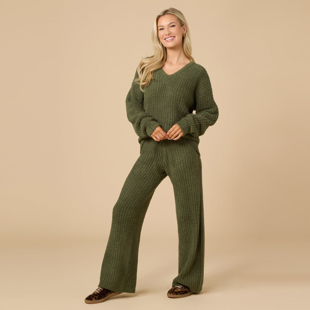 Waffle Marshmallow V-Neck Luxe Lounge Set in Olive