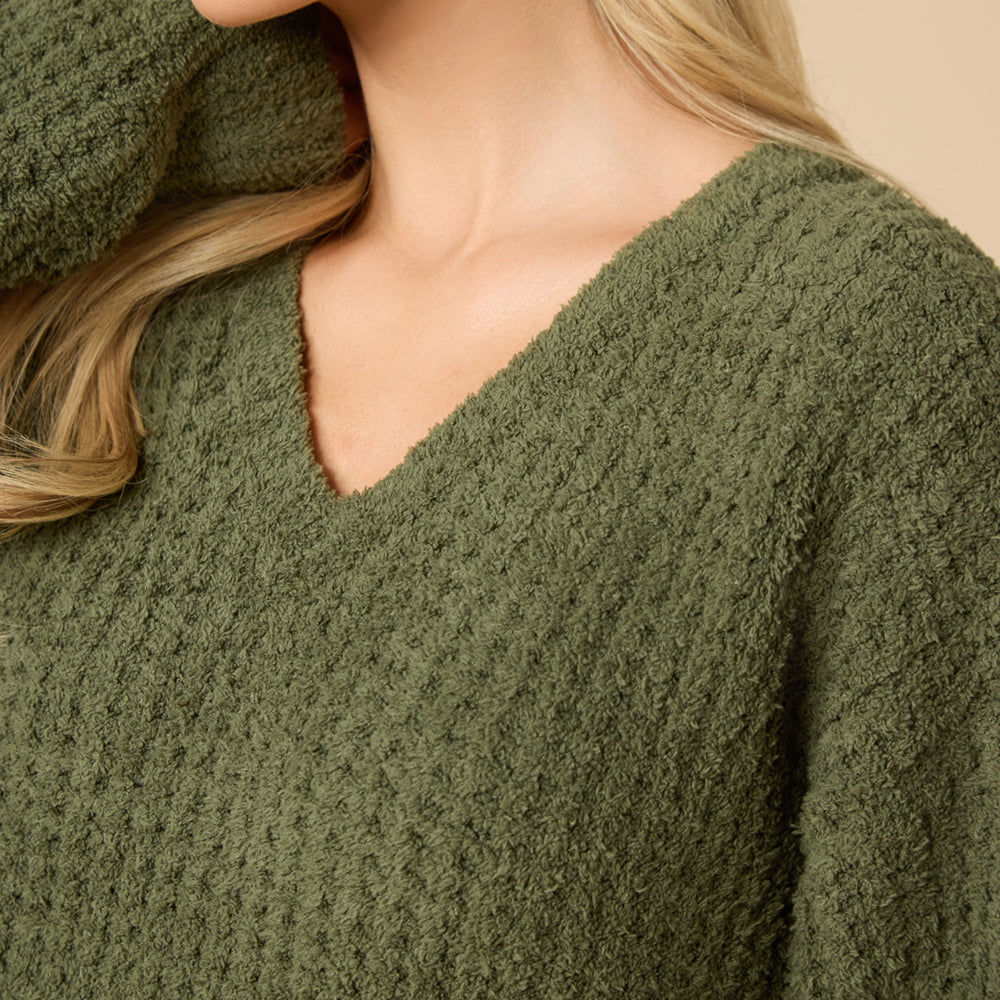 Waffle Marshmallow V-Neck Luxe Lounge Set in Olive