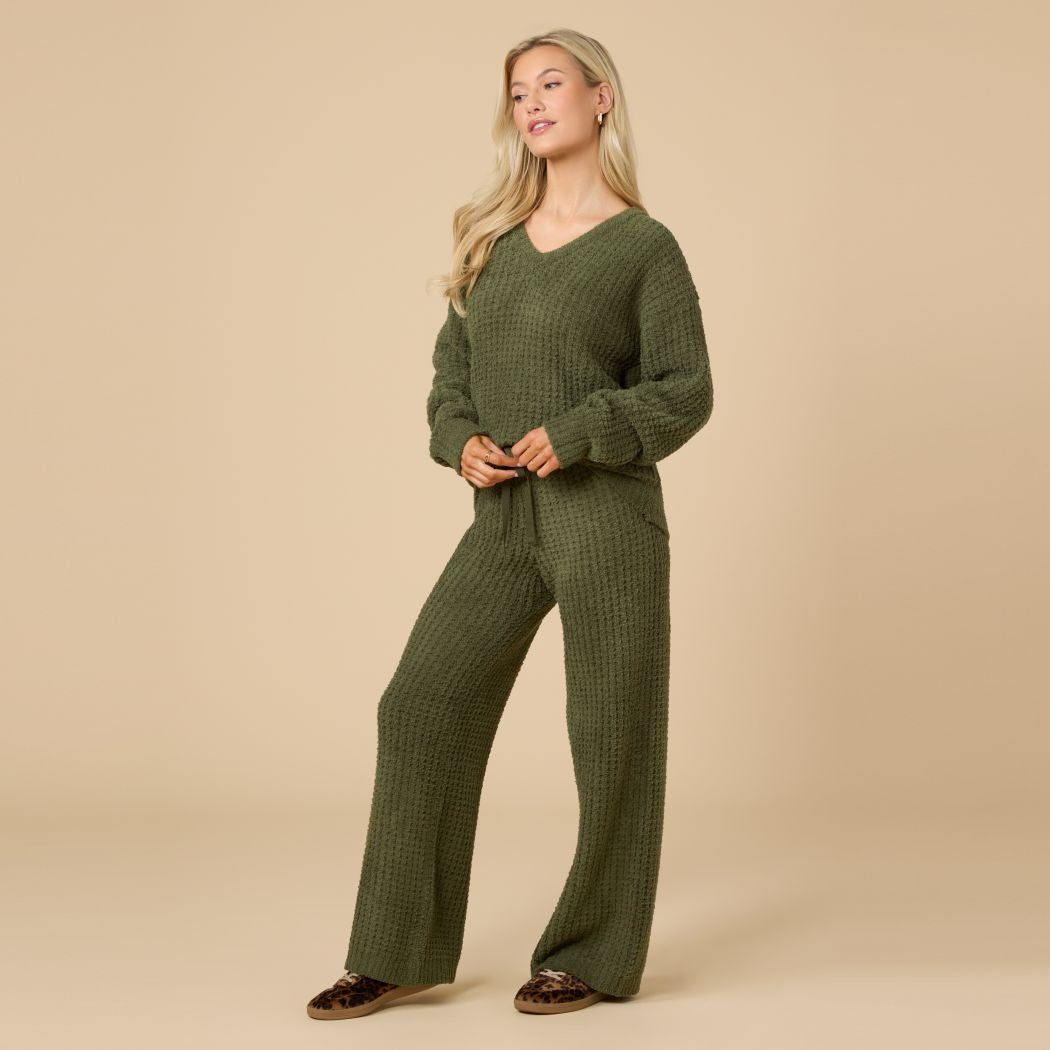 Waffle Marshmallow V-Neck Luxe Lounge Set in Olive