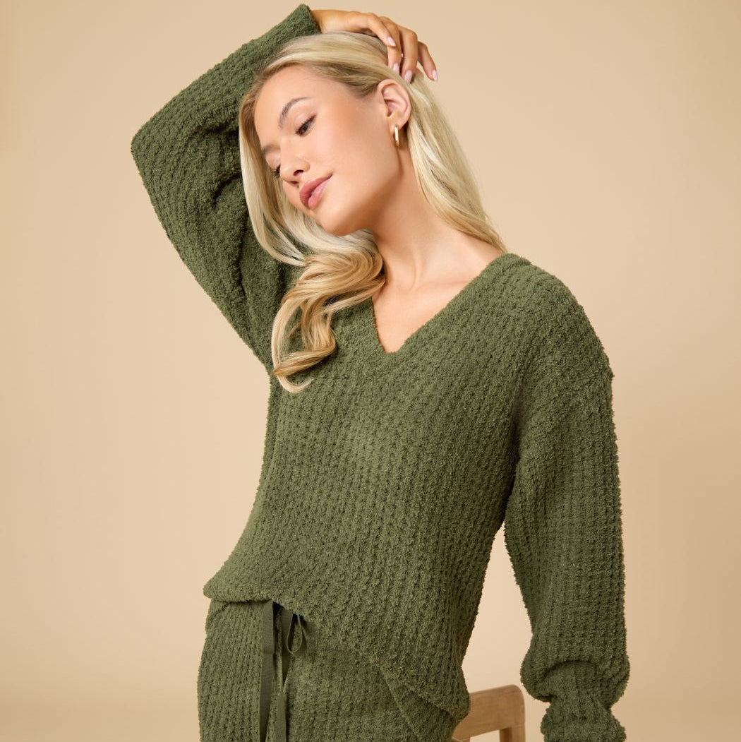 Waffle Marshmallow V-Neck Luxe Lounge Set in Olive