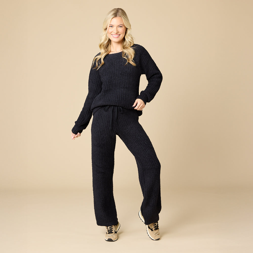 Waffle Marshmallow Boatneck Lounge Set Black