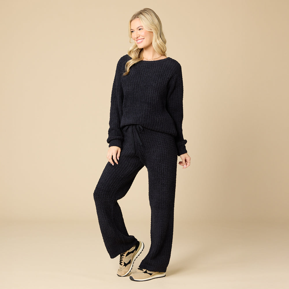 Waffle Marshmallow Boatneck Lounge Set Black