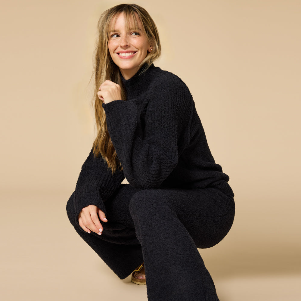 Marshmallow Rib Mock Neck with Long Pant Black