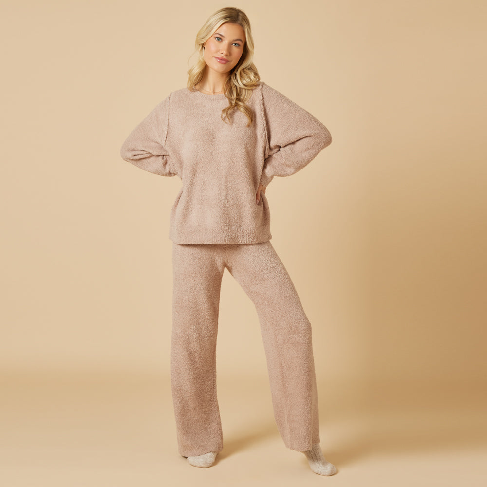 Solid Marshmallow Reverse Seam Crew Neck Lounge Set with Bracelet Sleeve Coco