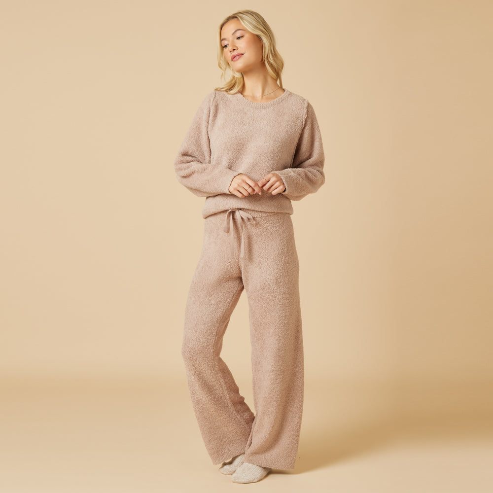 Solid Marshmallow Reverse Seam Crew Neck Lounge Set with Bracelet Sleeve Coco