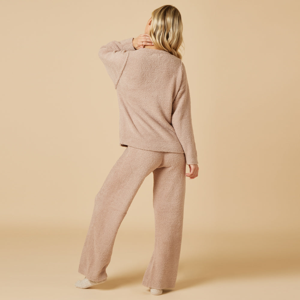 Solid Marshmallow Reverse Seam Crew Neck Lounge Set with Bracelet Sleeve Coco