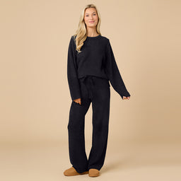 Solid Marshmallow Reverse Seam Crew Neck Lounge Set with Bracelet Sleeve Solid Marshmallow Reverse Seam Crew Neck Lounge Set with Bracelet Sleeve in Black