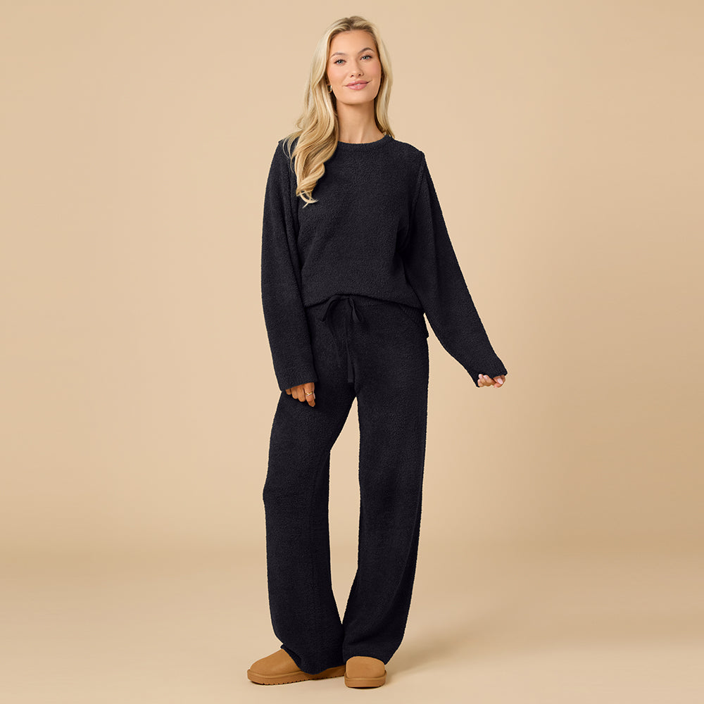 Solid Marshmallow Reverse Seam Crew Neck Lounge Set with Bracelet Sleeve Black