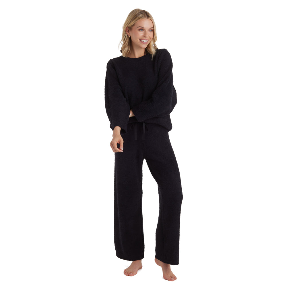 Reverse Seam Marshmallow Crew Neck Lounge Set with Bracelet Sleeve Black