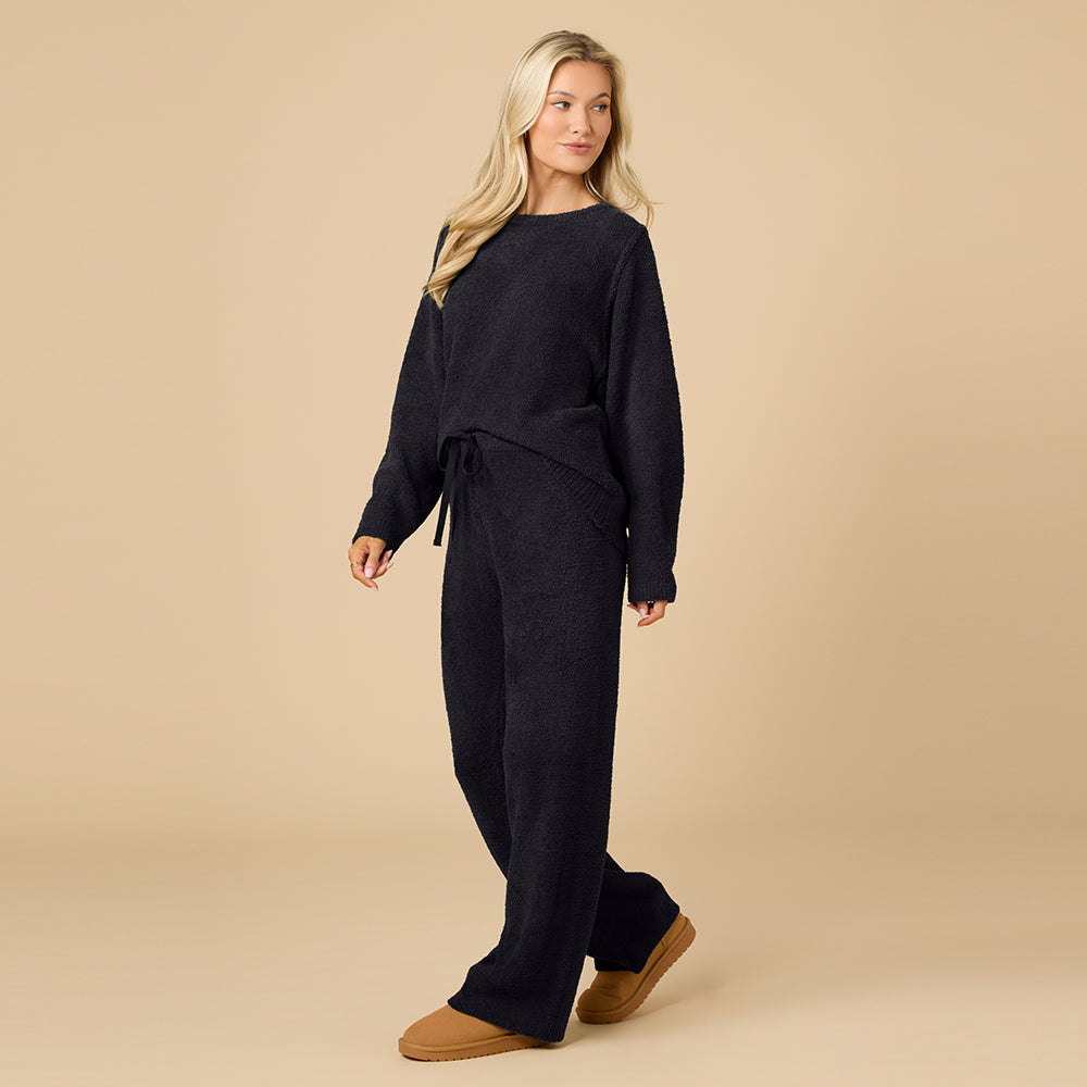 Solid Marshmallow Reverse Seam Crew Neck Lounge Set with Bracelet Sleeve Black