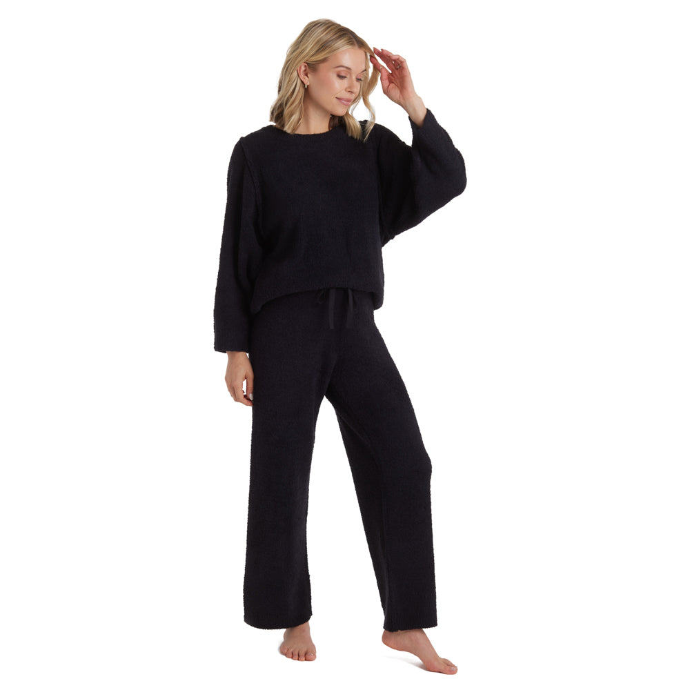 Reverse Seam Marshmallow Crew Neck Lounge Set with Bracelet Sleeve Black