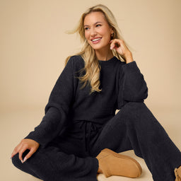 Solid Marshmallow Reverse Seam Crew Neck Lounge Set with Bracelet Sleeve Solid Marshmallow Reverse Seam Crew Neck Lounge Set with Bracelet Sleeve in Black