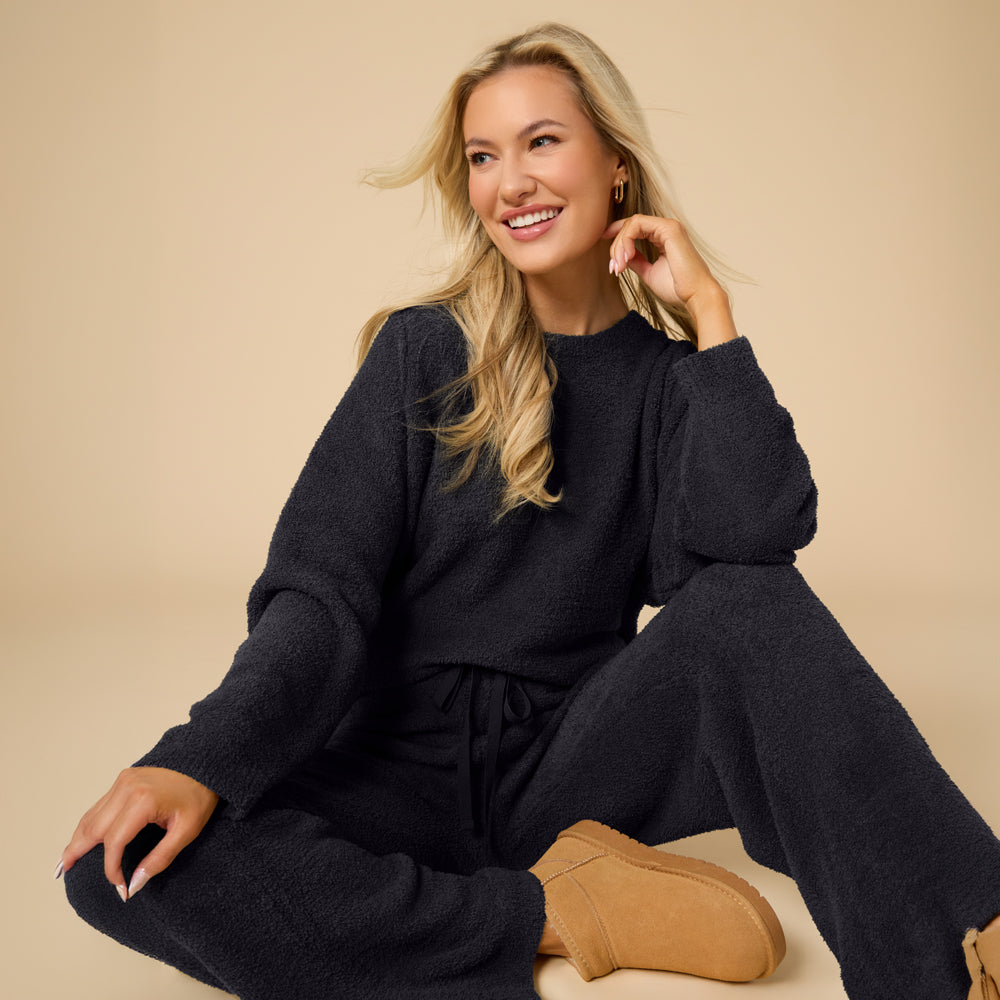 Solid Marshmallow Reverse Seam Crew Neck Lounge Set with Bracelet Sleeve Black