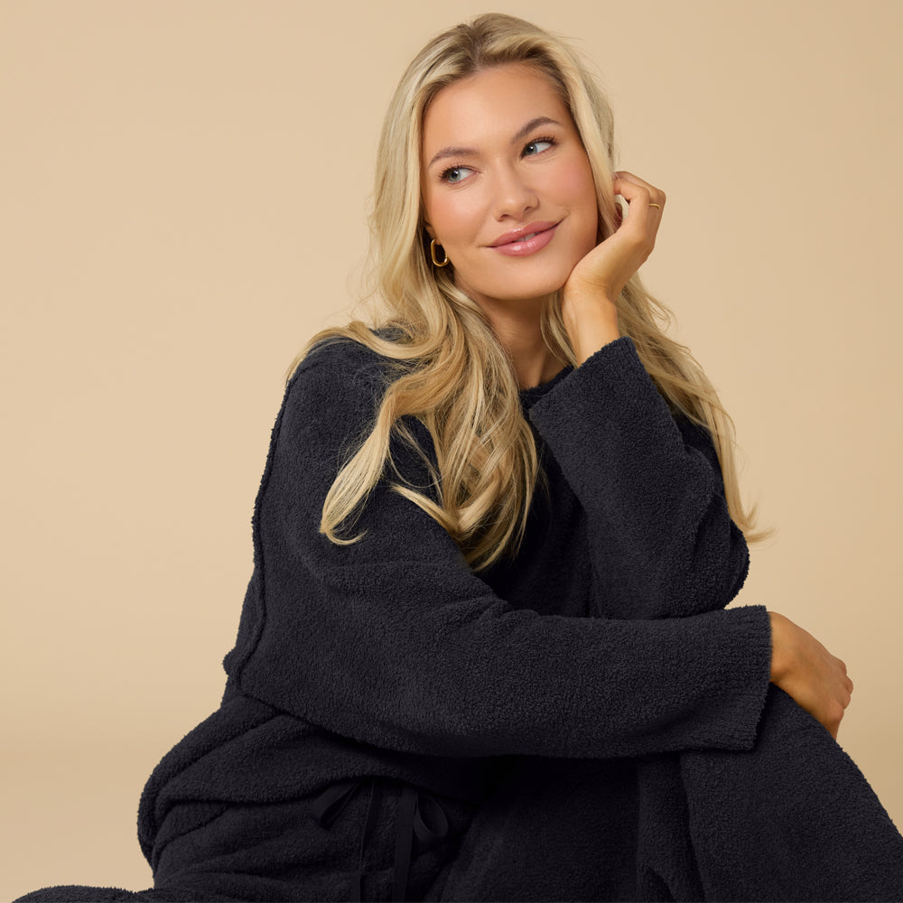 Solid Marshmallow Reverse Seam Crew Neck Lounge Set with Bracelet Sleeve Black