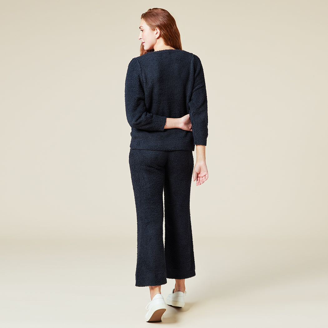Solid Marshmallow Reverse Seam Crew Neck Lounge Set with Bracelet Sleeve Black