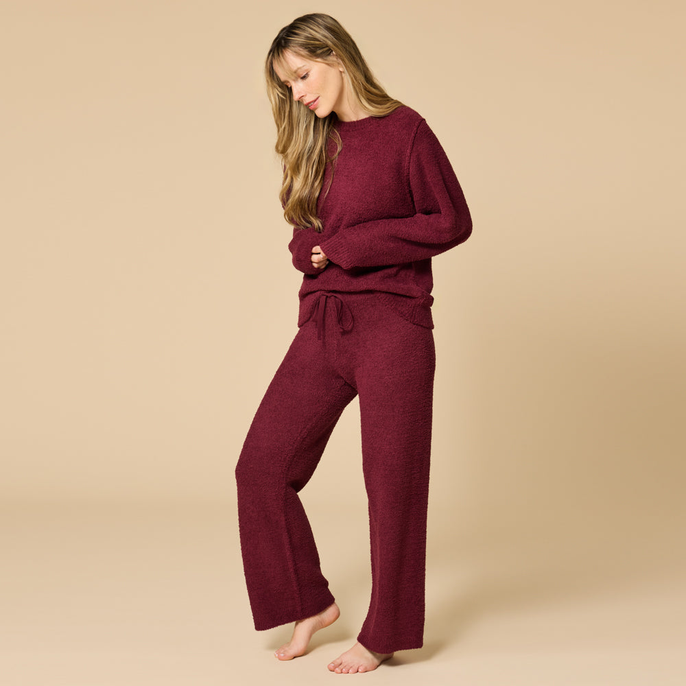 Solid Marshmallow Reverse Seam Crew Neck Lounge Set with Bracelet Sleeve Cherry Cola