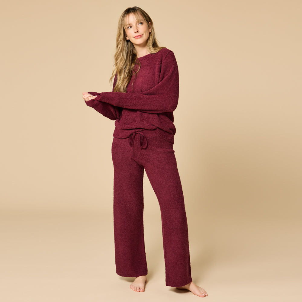 Solid Marshmallow Reverse Seam Crew Neck Lounge Set with Bracelet Sleeve Cherry Cola