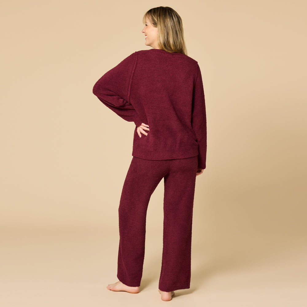 Solid Marshmallow Reverse Seam Crew Neck Lounge Set with Bracelet Sleeve Cherry Cola