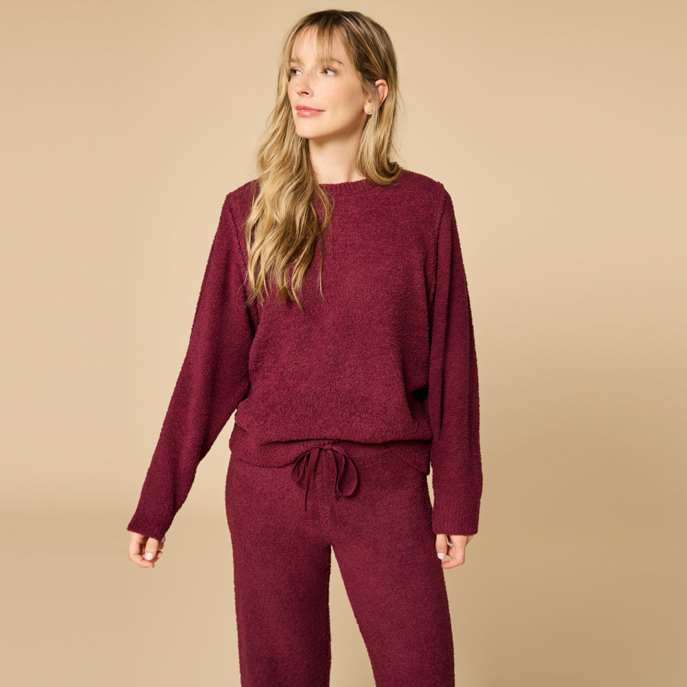 Solid Marshmallow Reverse Seam Crew Neck Lounge Set with Bracelet Sleeve Cherry Cola
